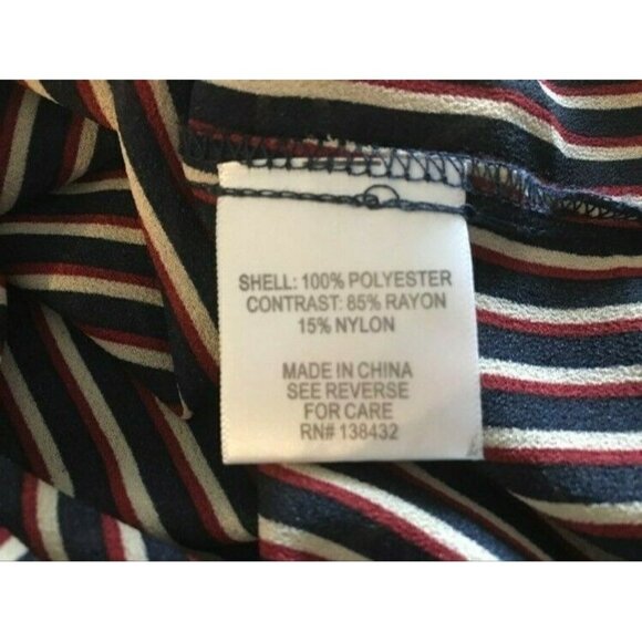 MODCLOTH Chiffon Blouse Size Medium Navy Blue Red Stripe Ruffle Trumpet Sleeves - Picture 7 of 7